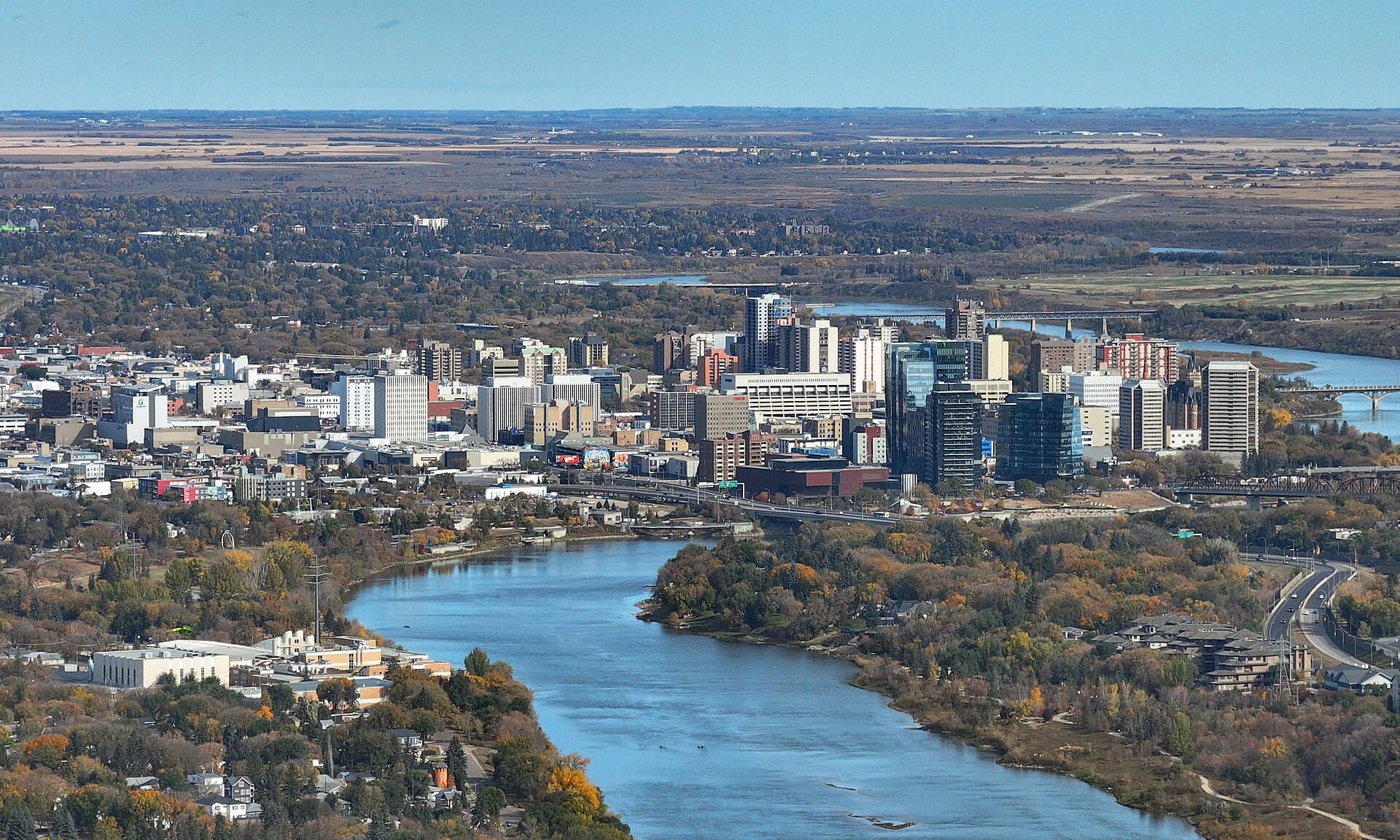 Aerial view of downtown Saskatoon along the South Saskatchewan River
