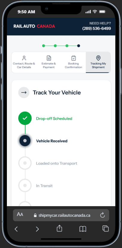 Rail Auto Canada client portal showing real-time vehicle tracking on mobile