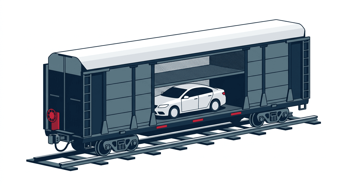 Car secured inside enclosed rail carrier