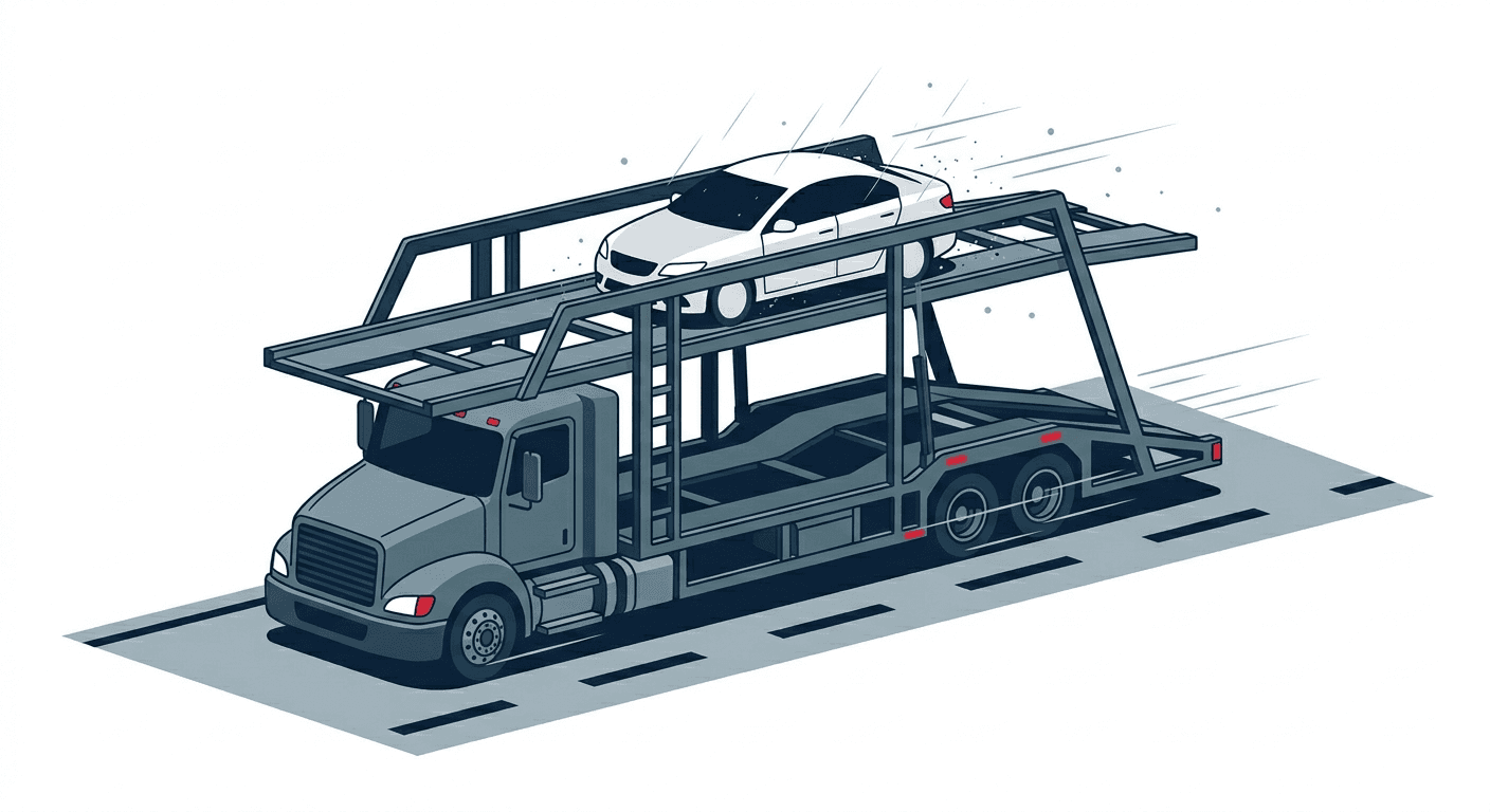 Car exposed on open highway truck carrier